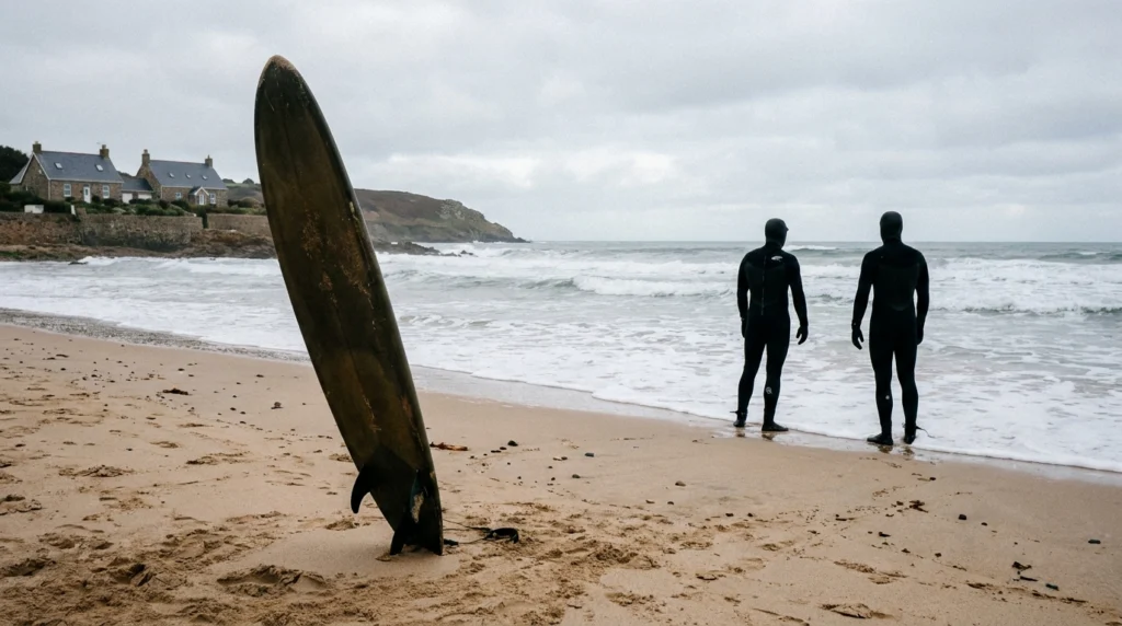 A quiet Jersey beach on a grey autumn morning, with gentle waves rolling in.