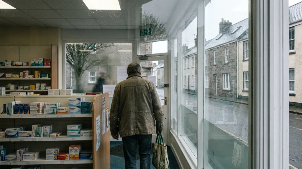 A quiet Jersey pharmacy counter seen from outside through a large window, late morning light, shelves of medicines visible in
