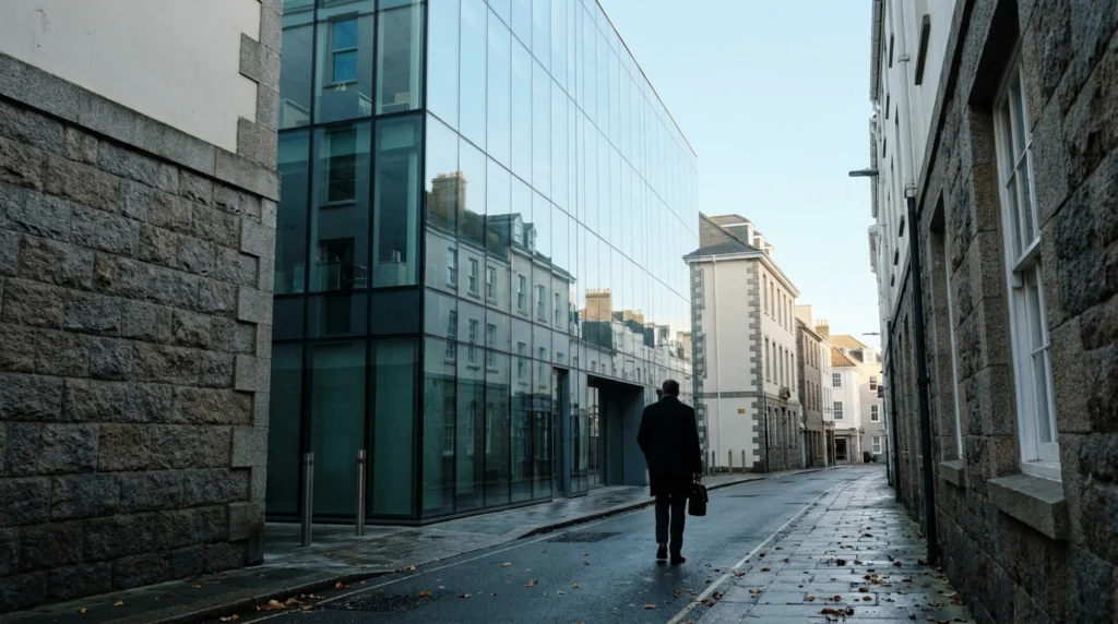 A wide-angle view of the exterior of a modern glass-fronted financial services office building in St Helier, Jersey, Channel