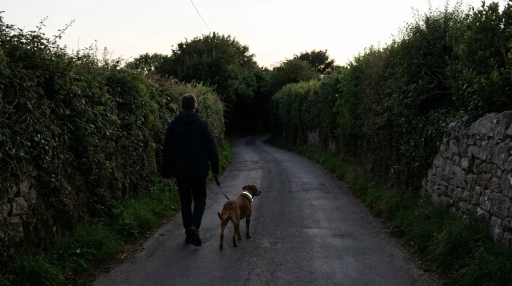 A quiet Jersey country lane at dusk, hedgerows on either side, with a single local resident seen from behind walking a medium