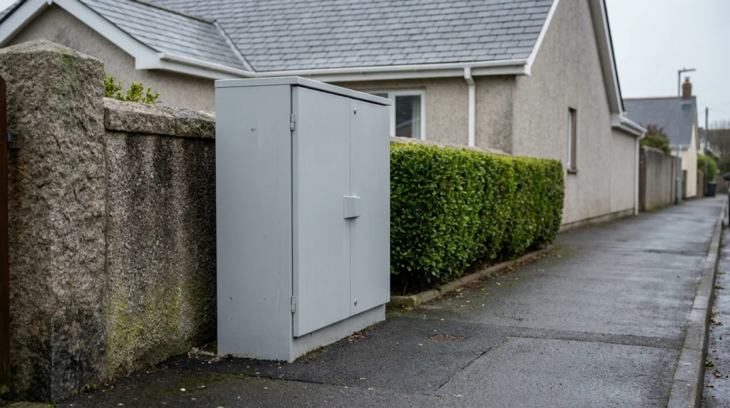 A ground-level view of a modern telecoms equipment cabinet or street-level fibre infrastructure box on a quiet Jersey residen