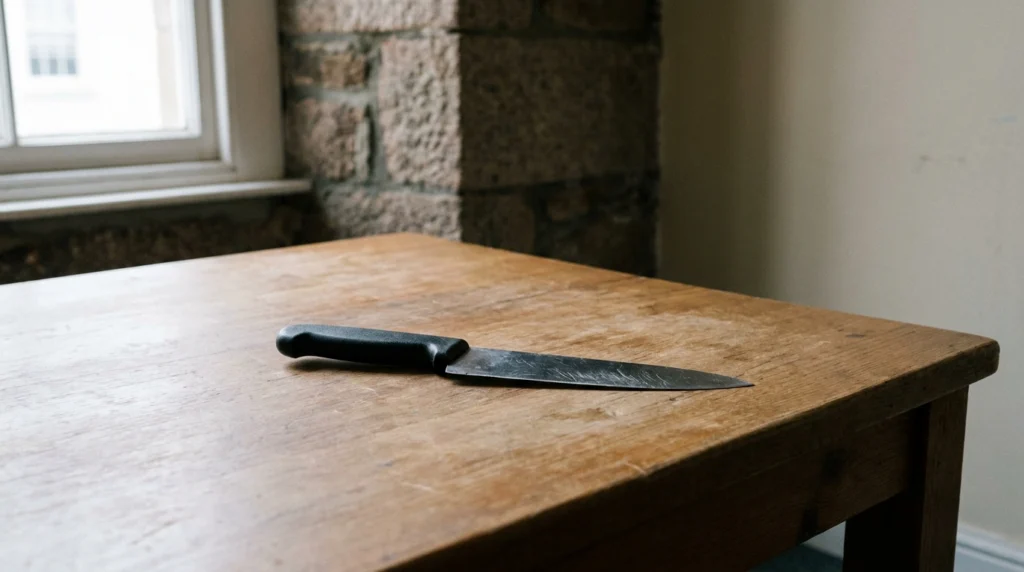 A close-up of a kitchen knife lying on a plain wooden surface in a Jersey courtroom or police evidence room setting, seen fro