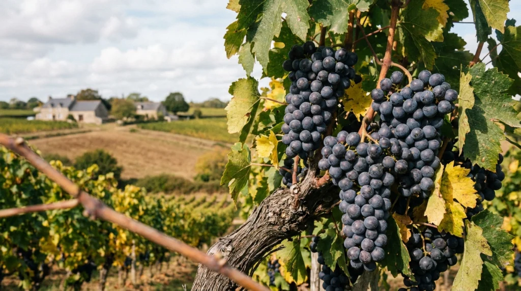 A close-up view of ripe grape clusters hanging on a vine at a small Jersey vineyard, with rows of vines stretching into the b