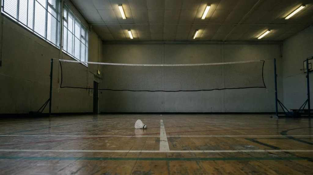 An indoor badminton court at a leisure centre in Jersey, Channel Islands, seen from the side at mid-distance.