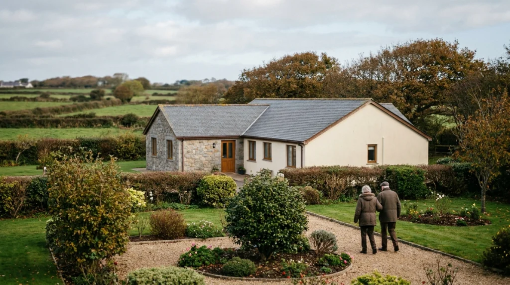 A quiet residential care home building in a rural Trinity setting, seen on a calm autumn morning.