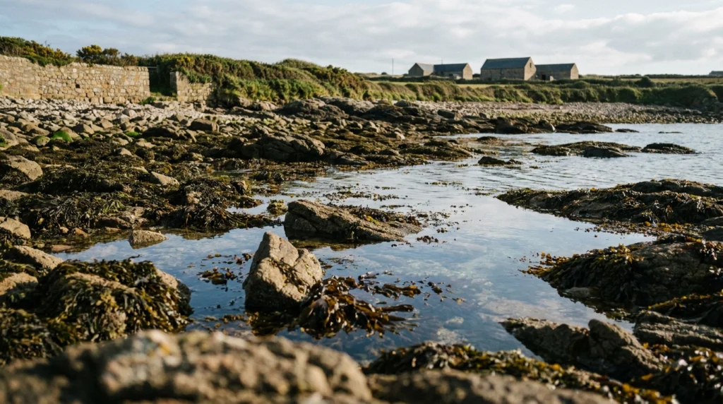 A rocky coastal headland on Jersey's shoreline at low tide, with clear shallow water revealing kelp and seabed rocks.