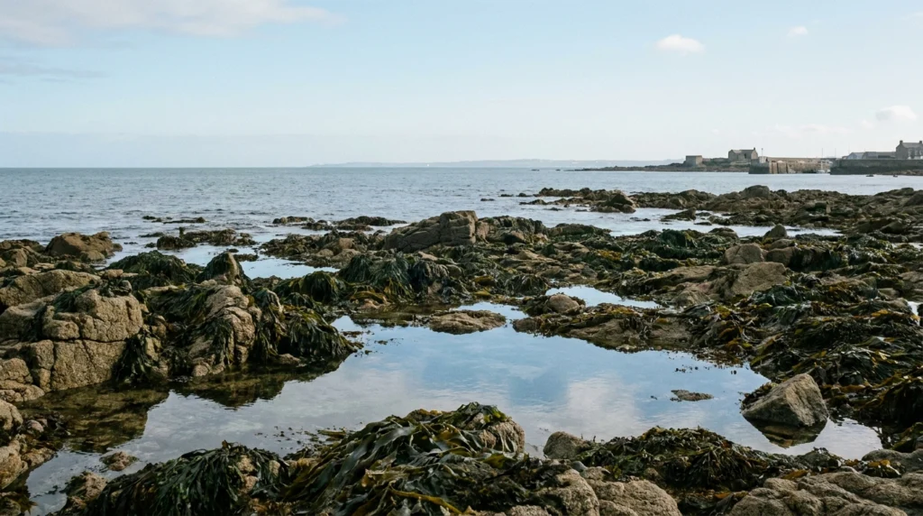A wide rocky reef exposed at low tide on a clear day in Jersey, Channel Islands, with shallow tidal pools reflecting the sky