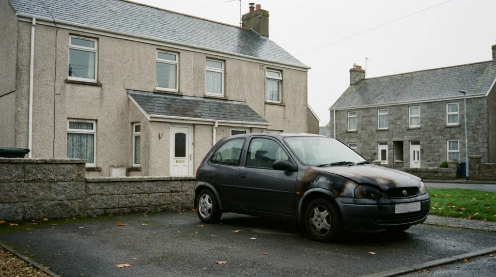 A quiet residential driveway in a St Helier street, showing a scorched and visibly damaged small hatchback car parked on the