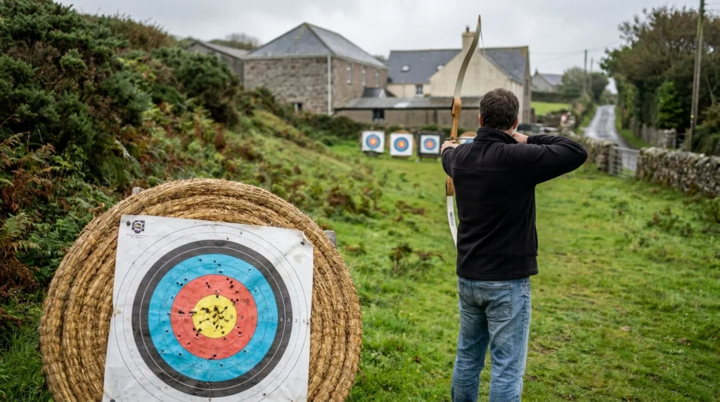 A close-up scene at an outdoor archery range in Jersey, with a traditional straw target boss and coloured target face in the