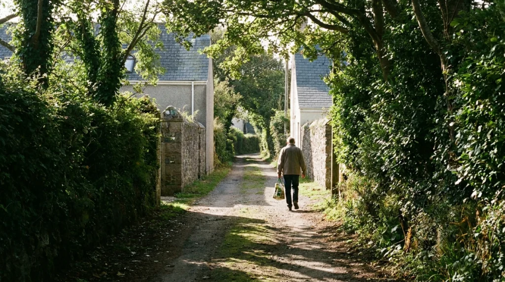 A quiet, narrow green lane in St Helier, Jersey, Channel Islands, flanked by hedgerows and mature trees, with dappled light f