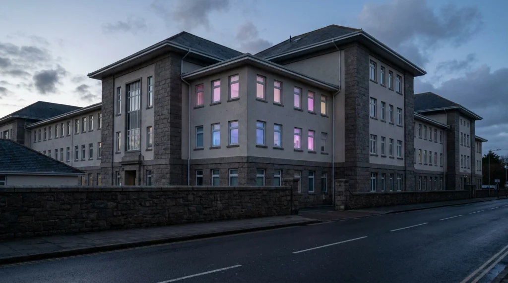 The exterior of Jersey's General Hospital on the Parade at dusk, with the Maternity Unit windows glowing softly in pink and b