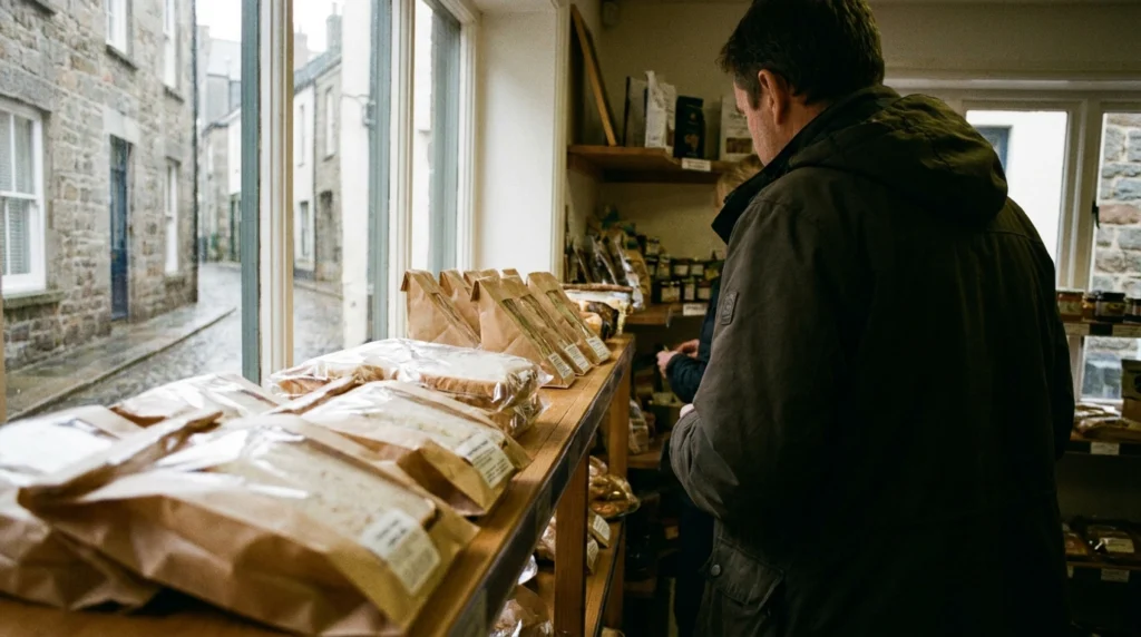 A close-up of a small selection of pre-packaged sandwiches and food items on a shelf inside a Jersey delicatessen or corner s