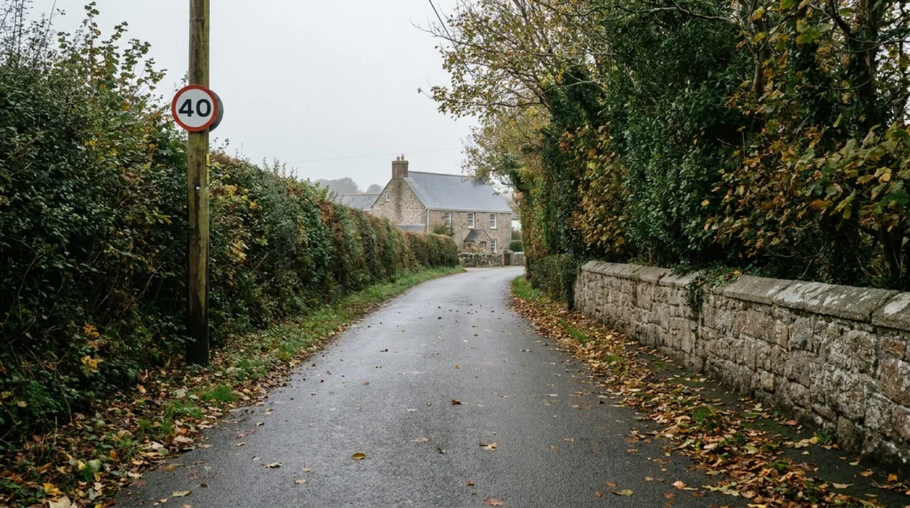 A quiet Jersey country road with a 40mph speed limit sign visible at the roadside, hedgerows on either side, on an overcast a