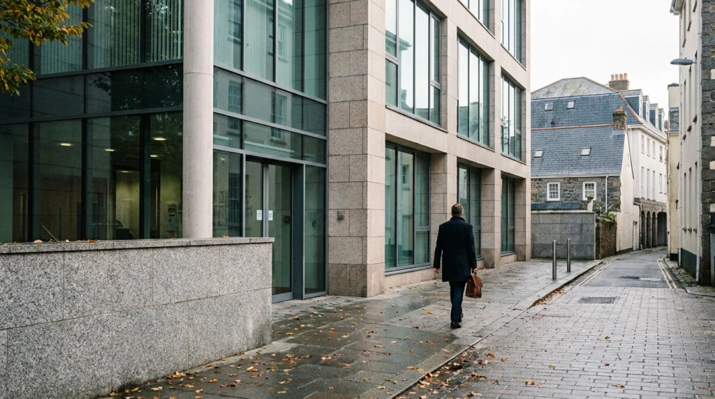 The exterior of a modern, well-maintained office building in St Helier, Jersey, Channel Islands, on a bright autumn morning.