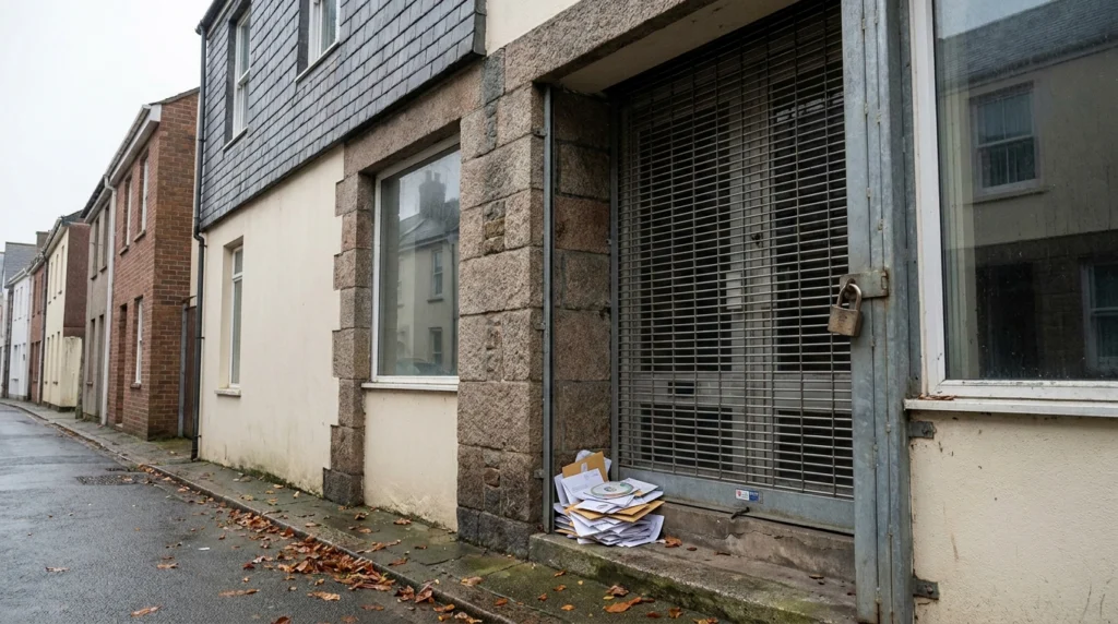 The exterior of a closed commercial gym premises on a quiet St Helier street, metal shutters down or a locked glass door visi