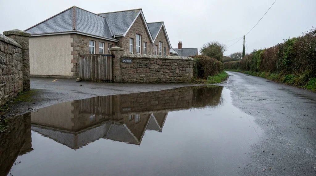 The exterior of a Jersey primary school building on a grey morning, seen from the pavement.