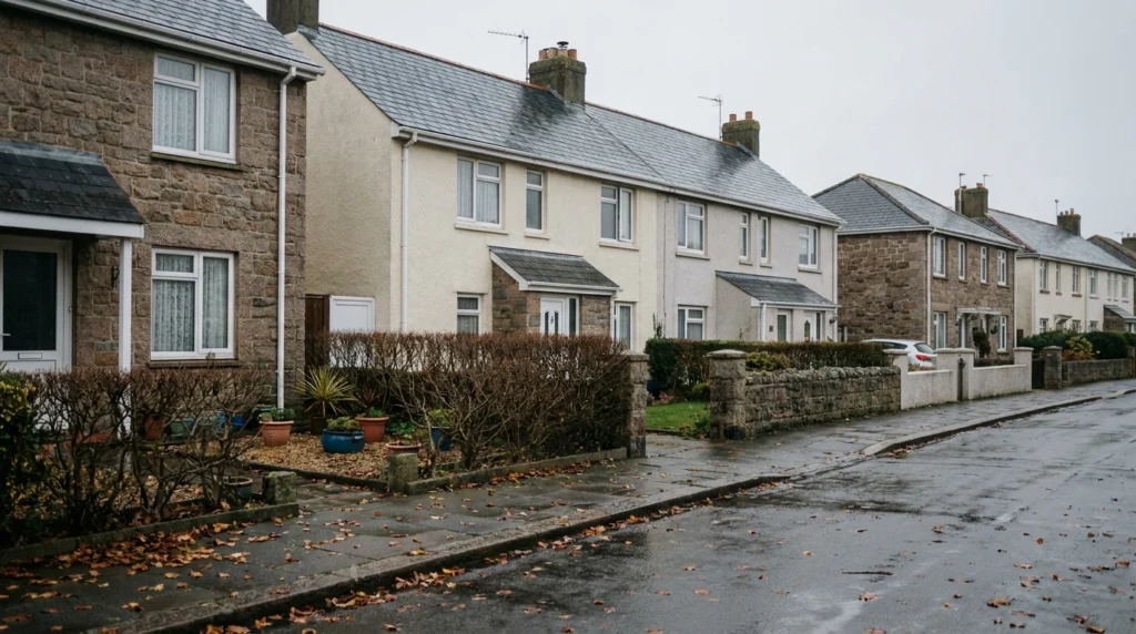 A row of modest residential properties on a quiet Jersey street, seen from the pavement on a grey autumn morning.