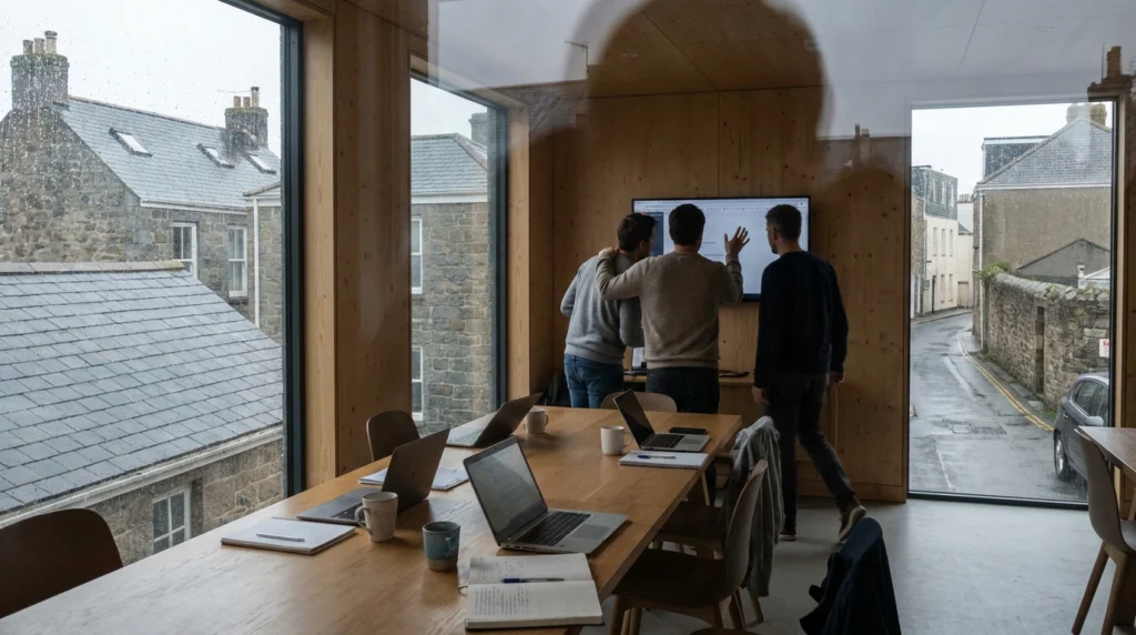 A quiet corner of a modern co-working space in Jersey, Channel Islands, late on a Sunday afternoon.