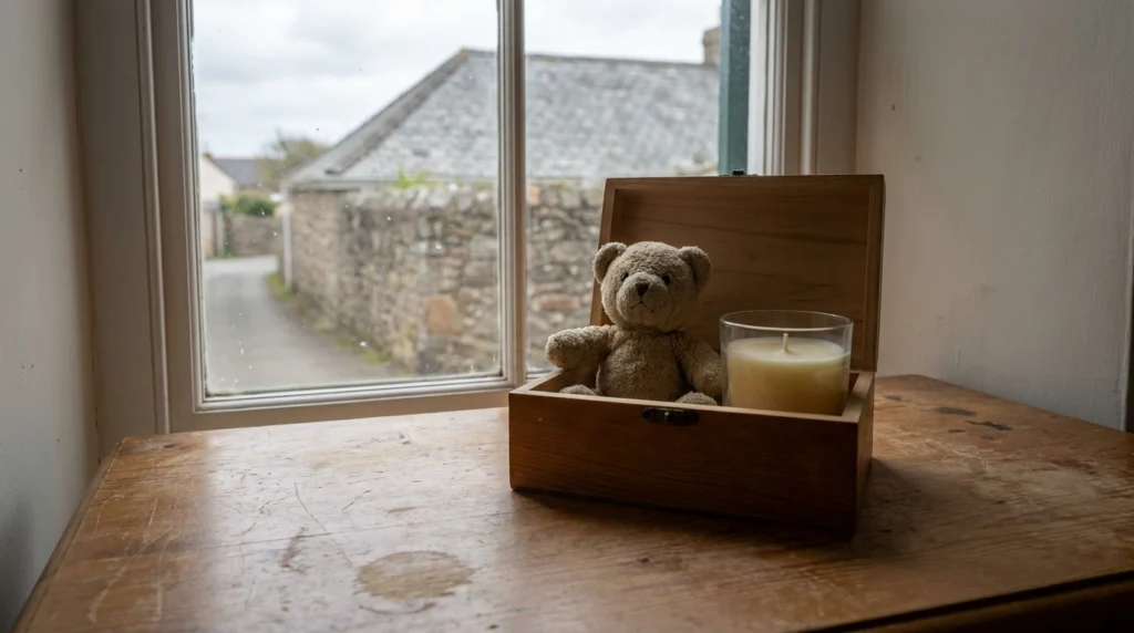 A single small memory box, open to reveal a tiny teddy bear and a simple candle, resting on a wooden surface near a window wi