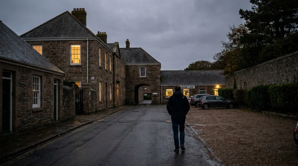 The exterior of ArtHouse Jersey's studios at Grève de Lecq Barracks on a mild autumn evening, the old stone barracks building