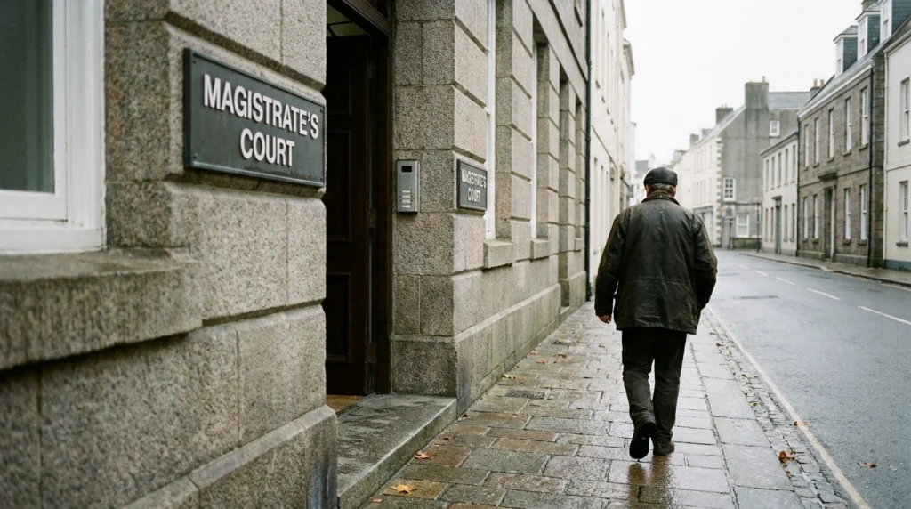 The exterior of the Magistrate's Court building in St Helier, Jersey, Channel Islands, on a grey autumn morning.