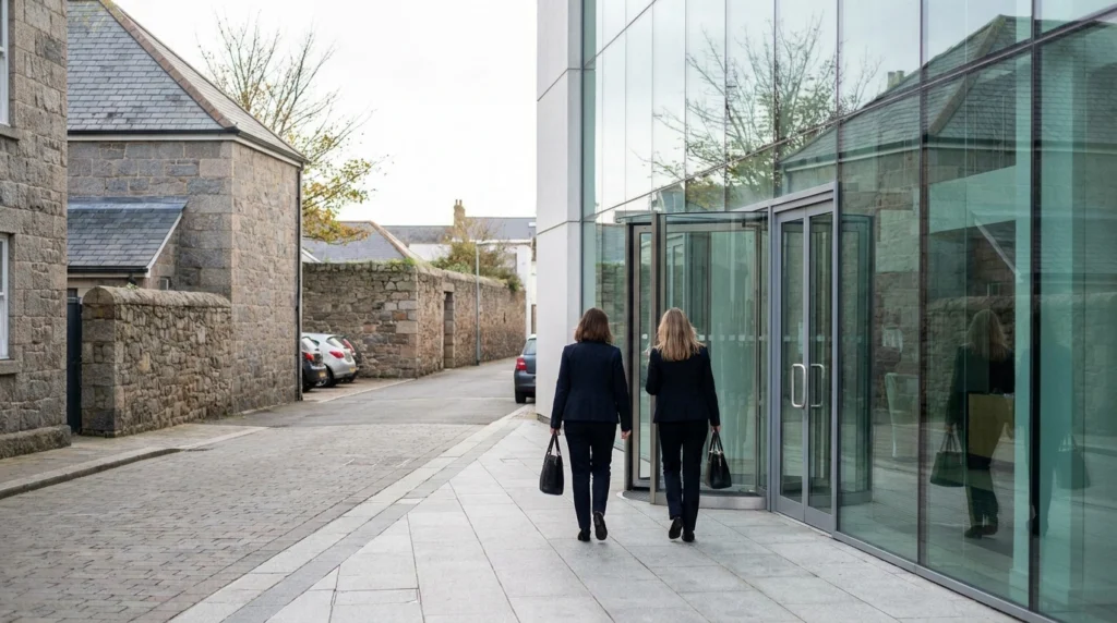A clean, modern glass-fronted office building in St Helier, Jersey, Channel Islands, photographed on a bright autumn morning.