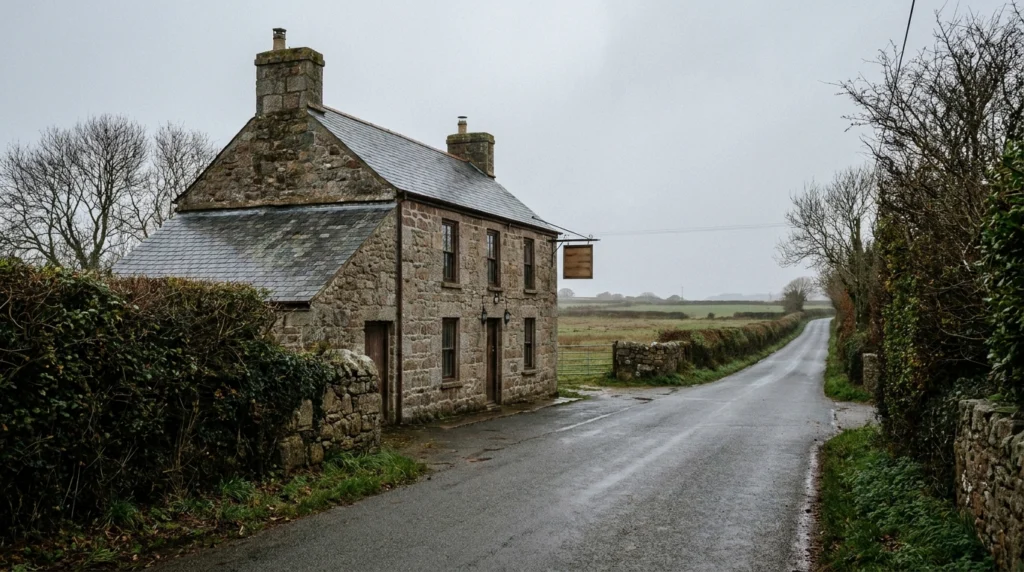 The exterior of a traditional Jersey granite pub on a quiet rural road, photographed on an overcast autumn afternoon.