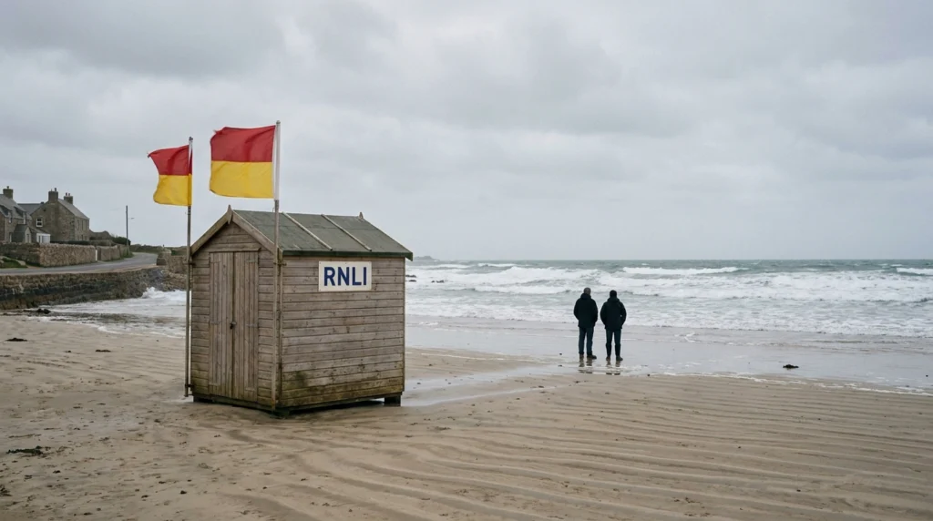 A wide, empty stretch of St Ouen's Bay beach on an overcast autumn day, with Atlantic waves breaking in the middle distance.