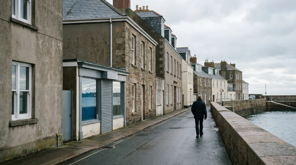 A quiet waterfront street in St Aubin, Jersey, Channel Islands, on a calm autumn morning.