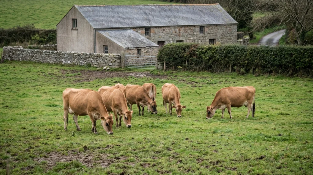 A small herd of Jersey cows grazing in a green field on a mild autumn day in Jersey, Channel Islands.