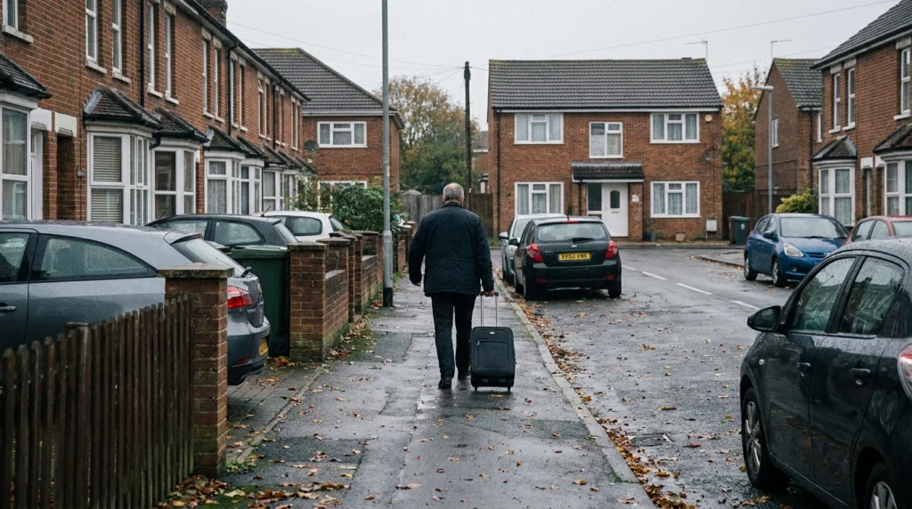 A quiet residential street in Southampton on an overcast autumn morning, showing a row of modest terraced houses or a small g