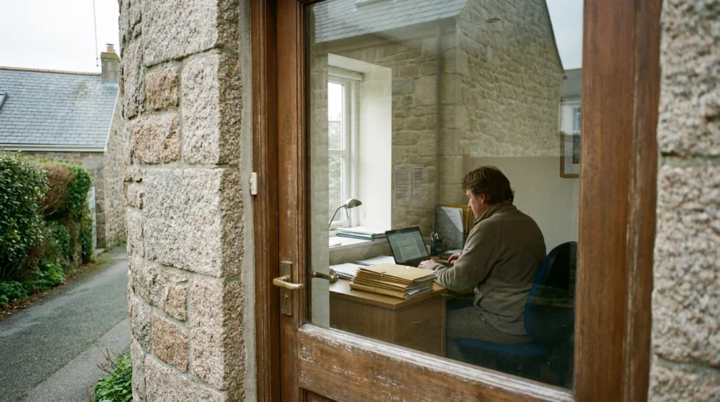 A tidy, well-lit small office interior in Jersey, Channel Islands, seen through a glass door or window from the outside.
