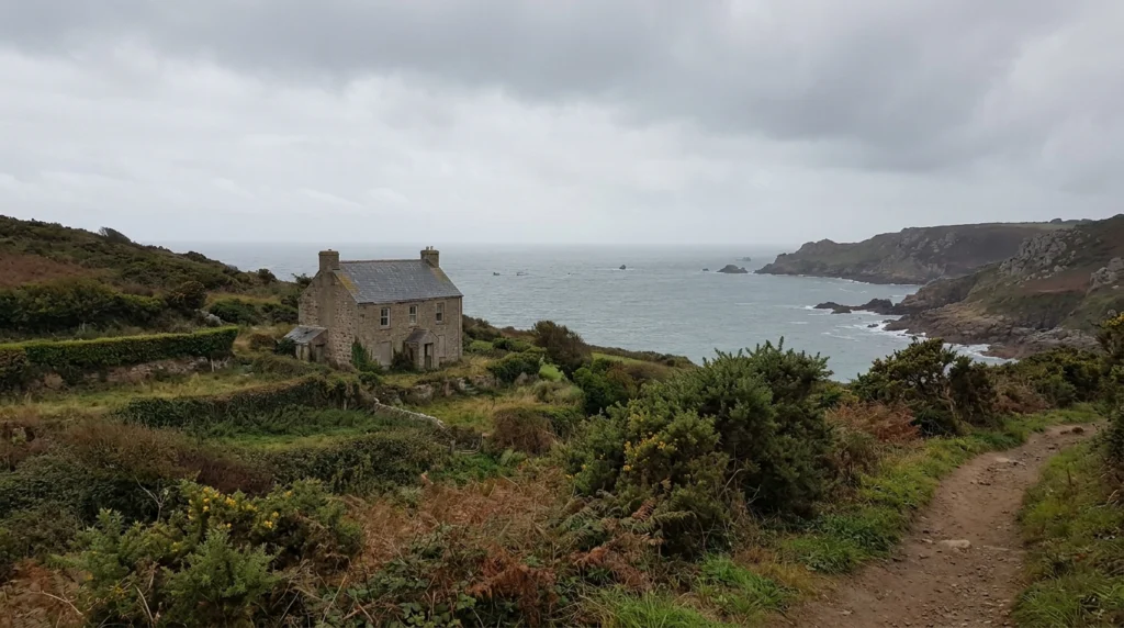 A wide-angle view from a grassy coastal path above Ouaisné Bay in St Brelade, Jersey, looking down toward the sea.