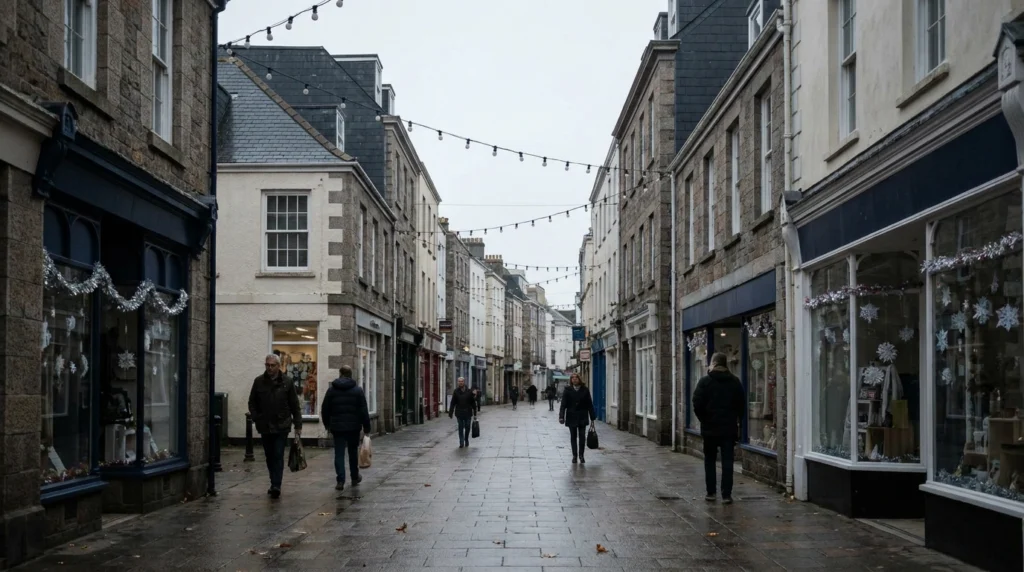 A quiet early-morning street scene in central St Helier, Channel Islands, with strings of unlit Christmas lights strung betwe