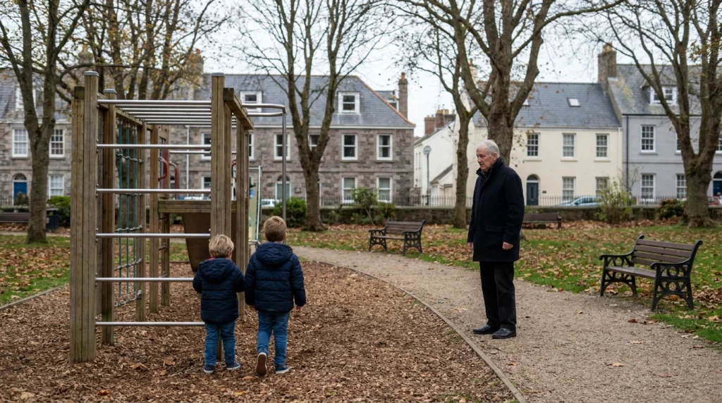 A small public playground in a St Helier park on a mild autumn afternoon, with a climbing frame and benches visible among mat