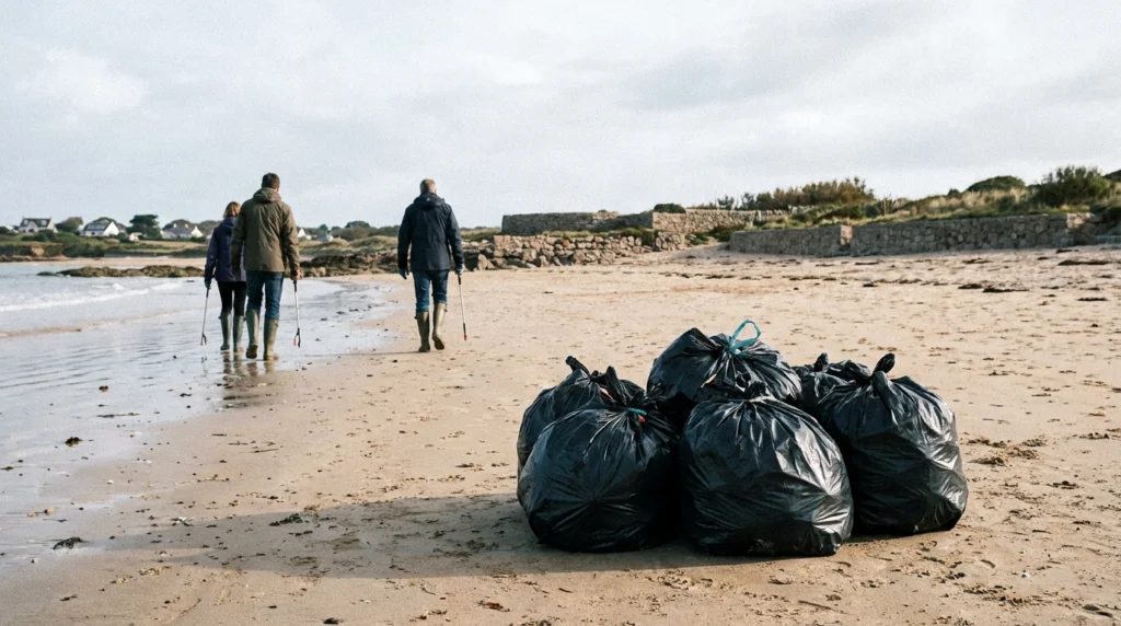 A wide, low-angle view of a clean sandy beach on Jersey's south-west coast on a bright autumn morning, with a scattering of f