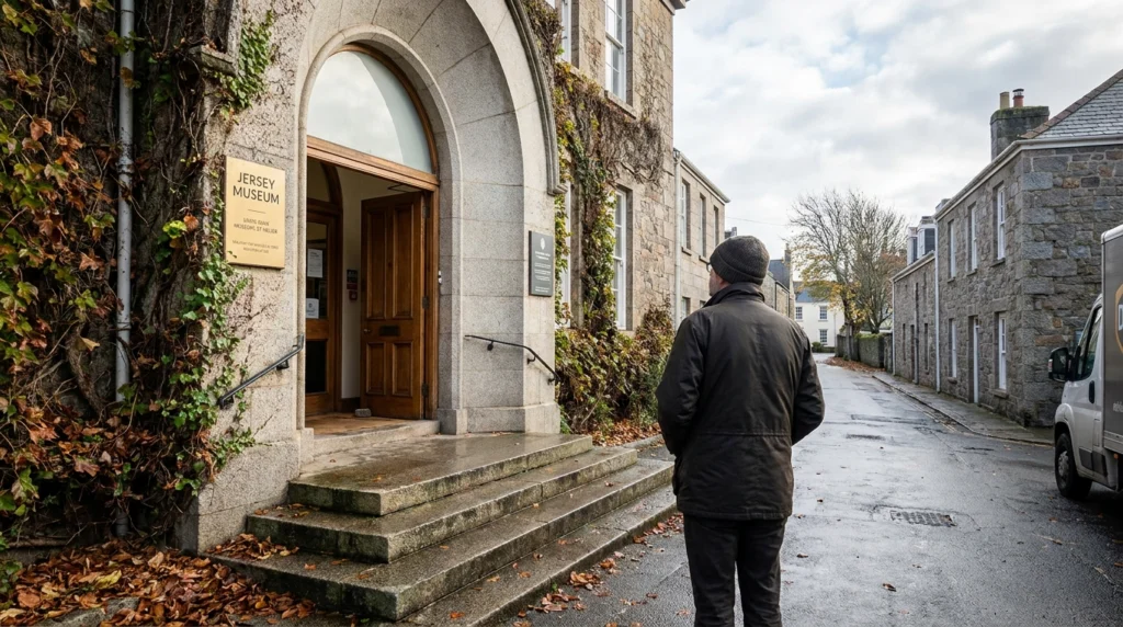 The exterior of Jersey Museum in St Helier on a bright autumn morning, its stone facade and entrance steps visible, with a si
