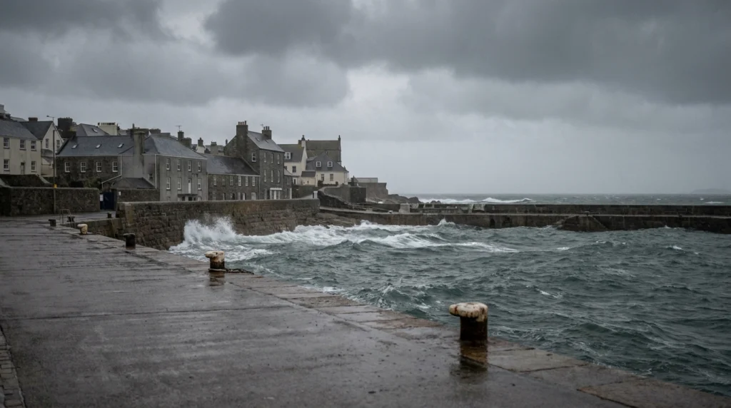 A wide-angle view of St Helier Harbour on a stormy morning, with heavy grey skies, white-capped waves breaking against the ha