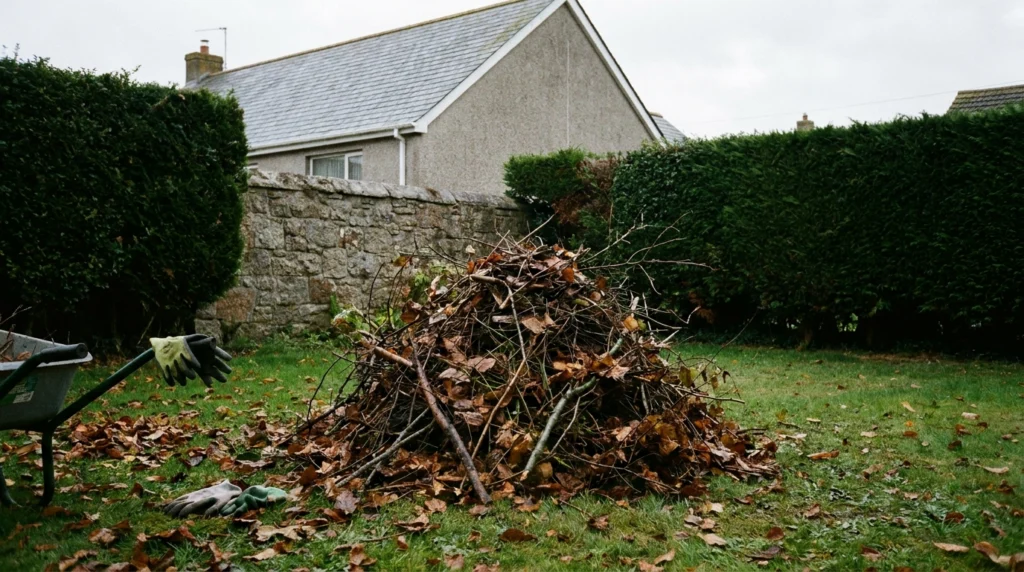 A neatly stacked garden bonfire pile of autumn branches, twigs and leaves in a Jersey residential garden on a grey October af
