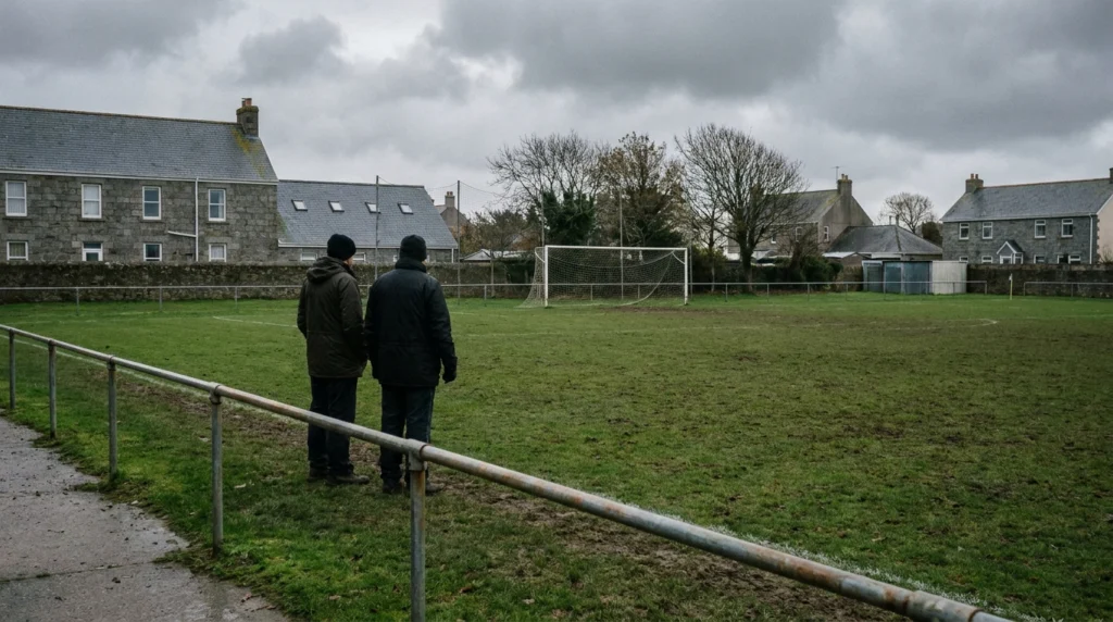 A well-worn grass football pitch on a grey autumn afternoon in Jersey, Channel Islands, with goalposts visible at one end and
