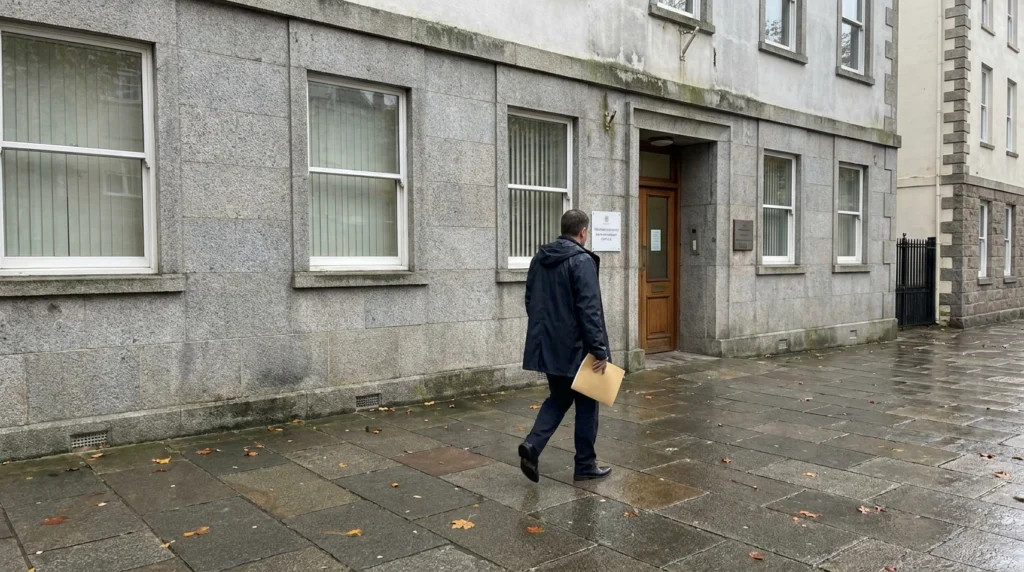 A plain stone government office building in St Helier, Jersey, Channel Islands, photographed on a grey autumn morning.