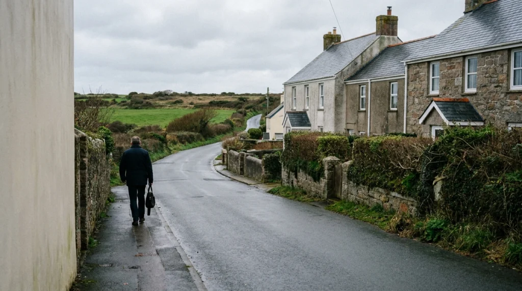 A quiet residential road near the Overdale hillside in Jersey, Channel Islands, on an overcast autumn morning.