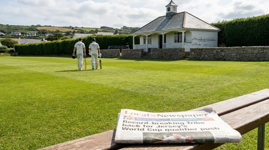 A cricket pitch on a sunny day in Jersey, Channel Islands, with a well-kept outfield and a traditional white pavilion in the
