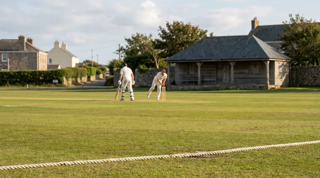 A cricket pitch at a well-kept ground in Jersey, Channel Islands, bathed in warm afternoon light.