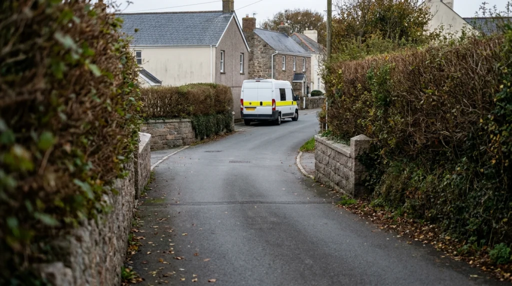 A quiet suburban road junction in Jersey, Channel Islands, showing the meeting of two typical Jersey lanes with low granite w