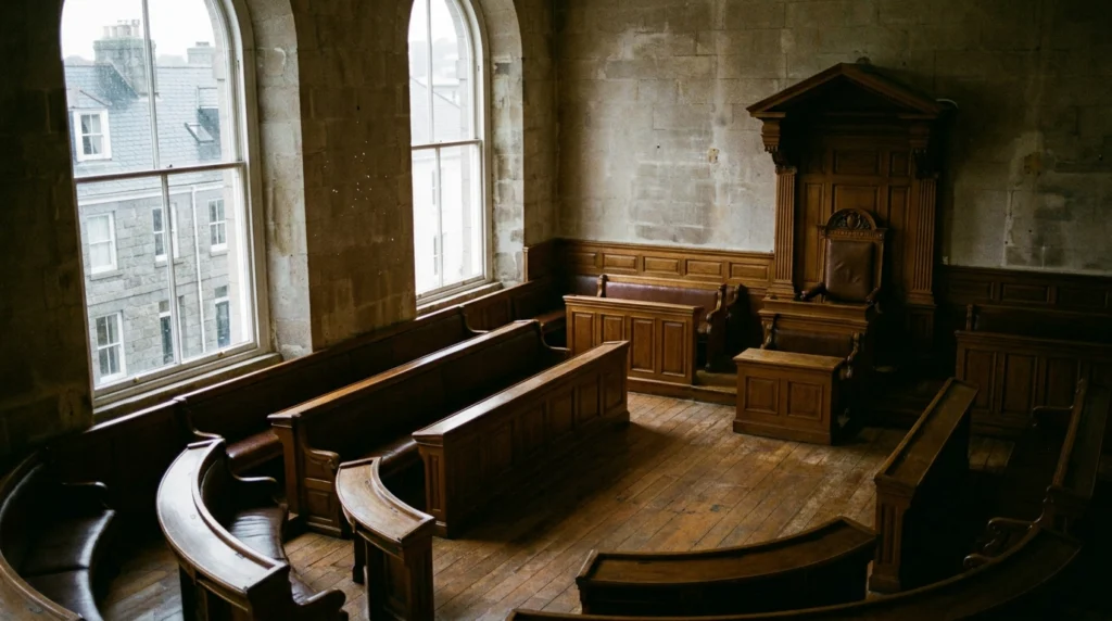The interior of the States Chamber in Jersey, Channel Islands, viewed from the public gallery looking down at the curved wood