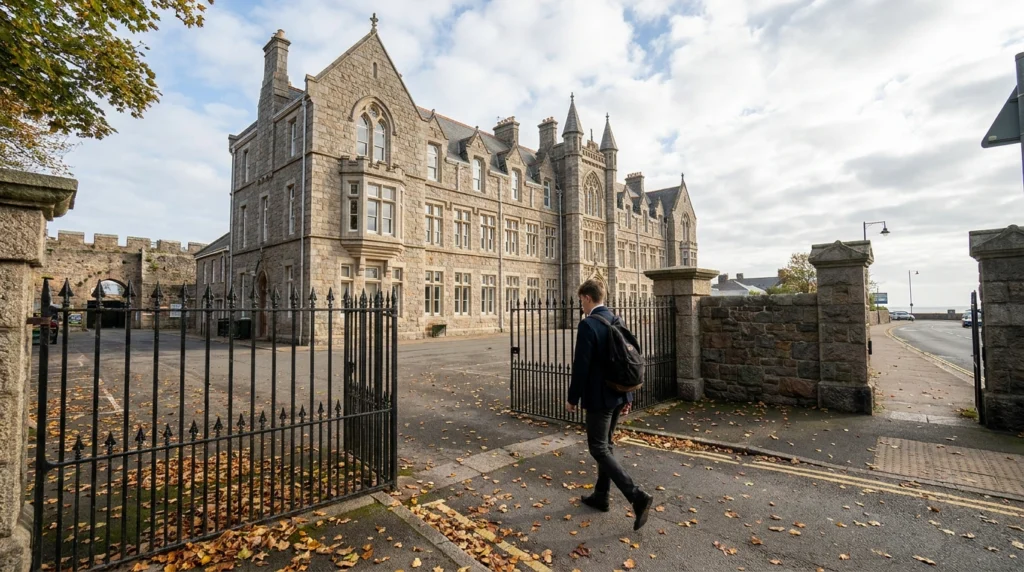 A wide shot of the Victoria College main building in Jersey on a bright autumn morning, seen from the street outside, with ir