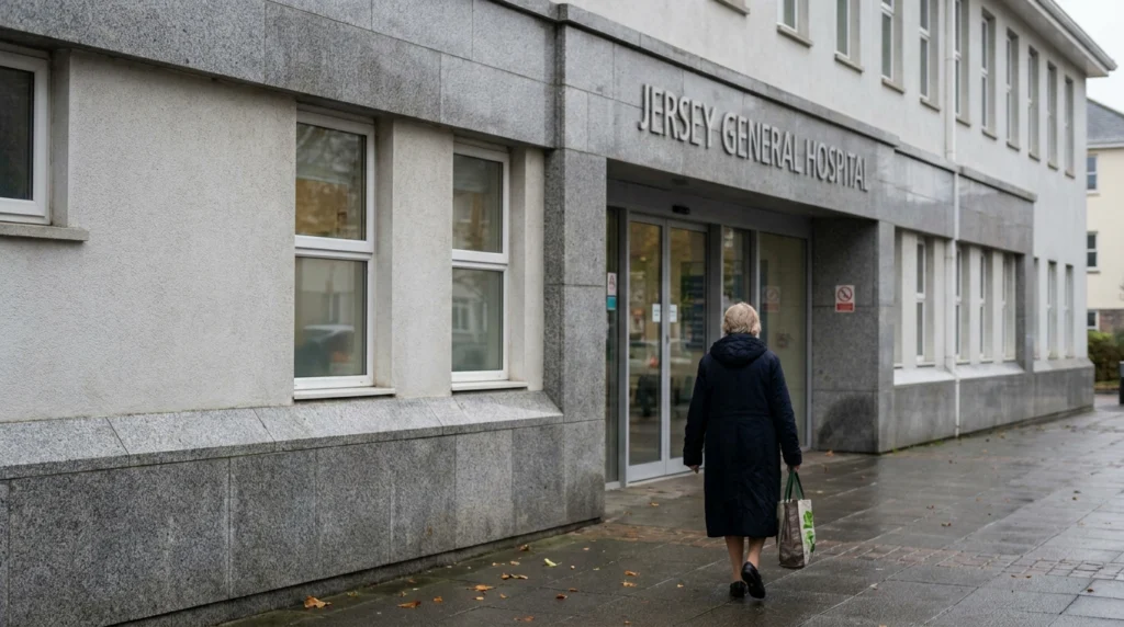 The main entrance of Jersey's General Hospital in St Helier on a grey autumn morning, photographed from the pavement outside.