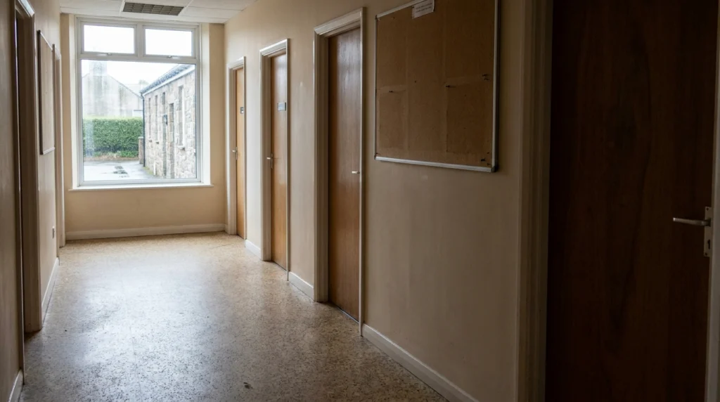 A quiet corridor inside a modern government or office building in Jersey, Channel Islands, seen from a slight angle, with a r