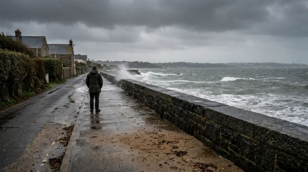 A wide-angle view of a Jersey south coast sea wall and promenade on a stormy autumn afternoon, with grey choppy water visible